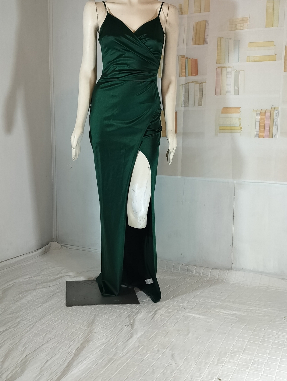 Elegant Emerald Green Satin Slip Dress with Side Slit
